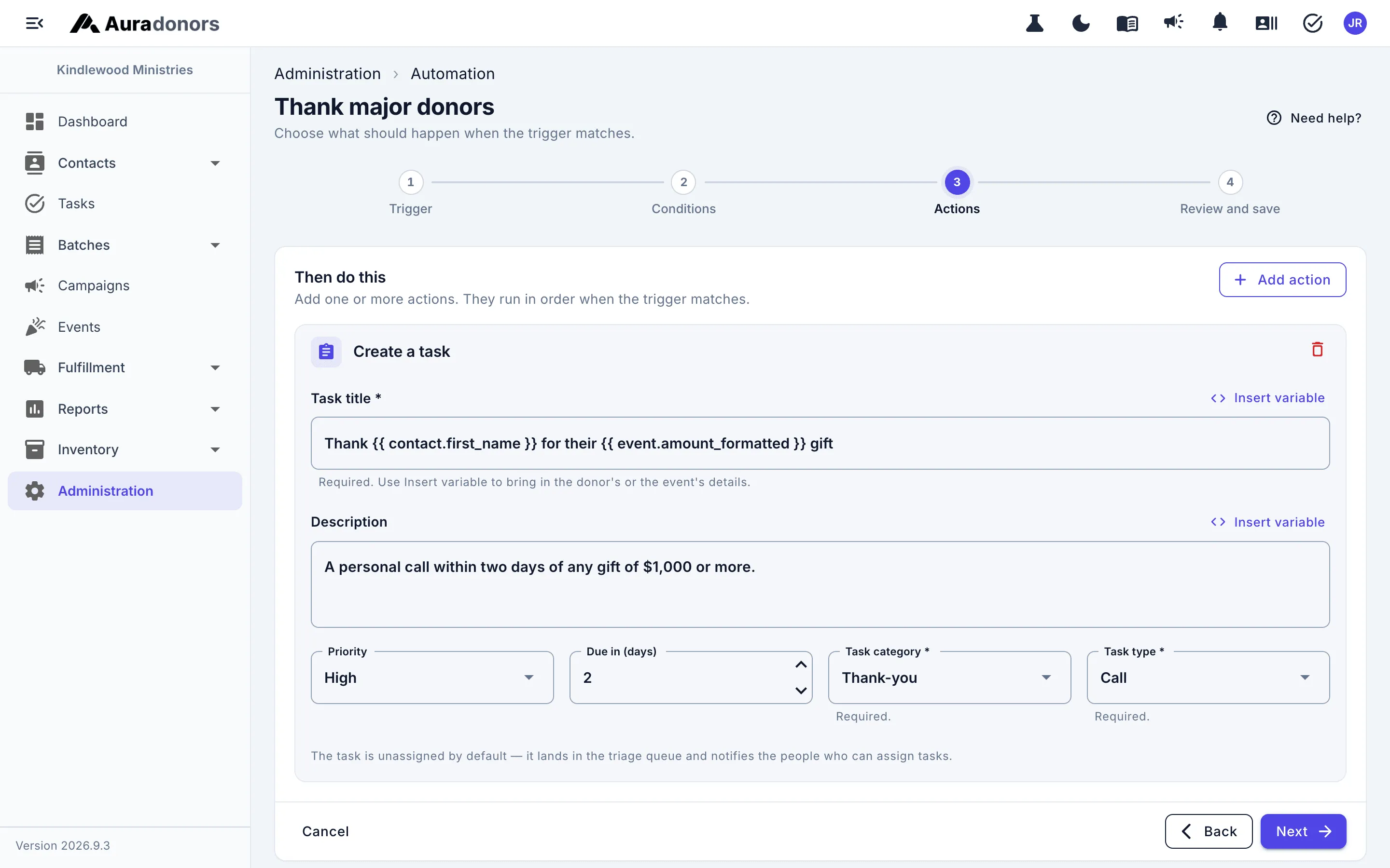 The automation builder: a rule that creates a high-priority thank-you call, due in two days, for every gift of $1,000 or more