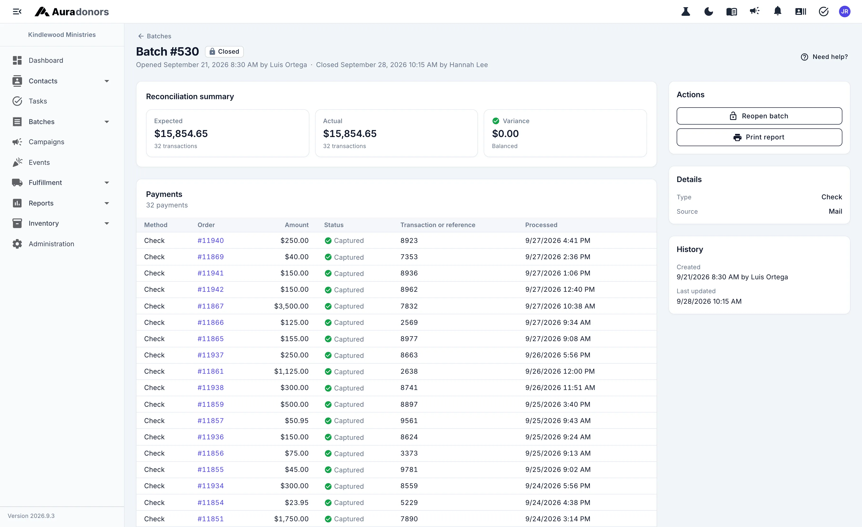 A closed, reconciled batch showing expected and actual totals and its payments