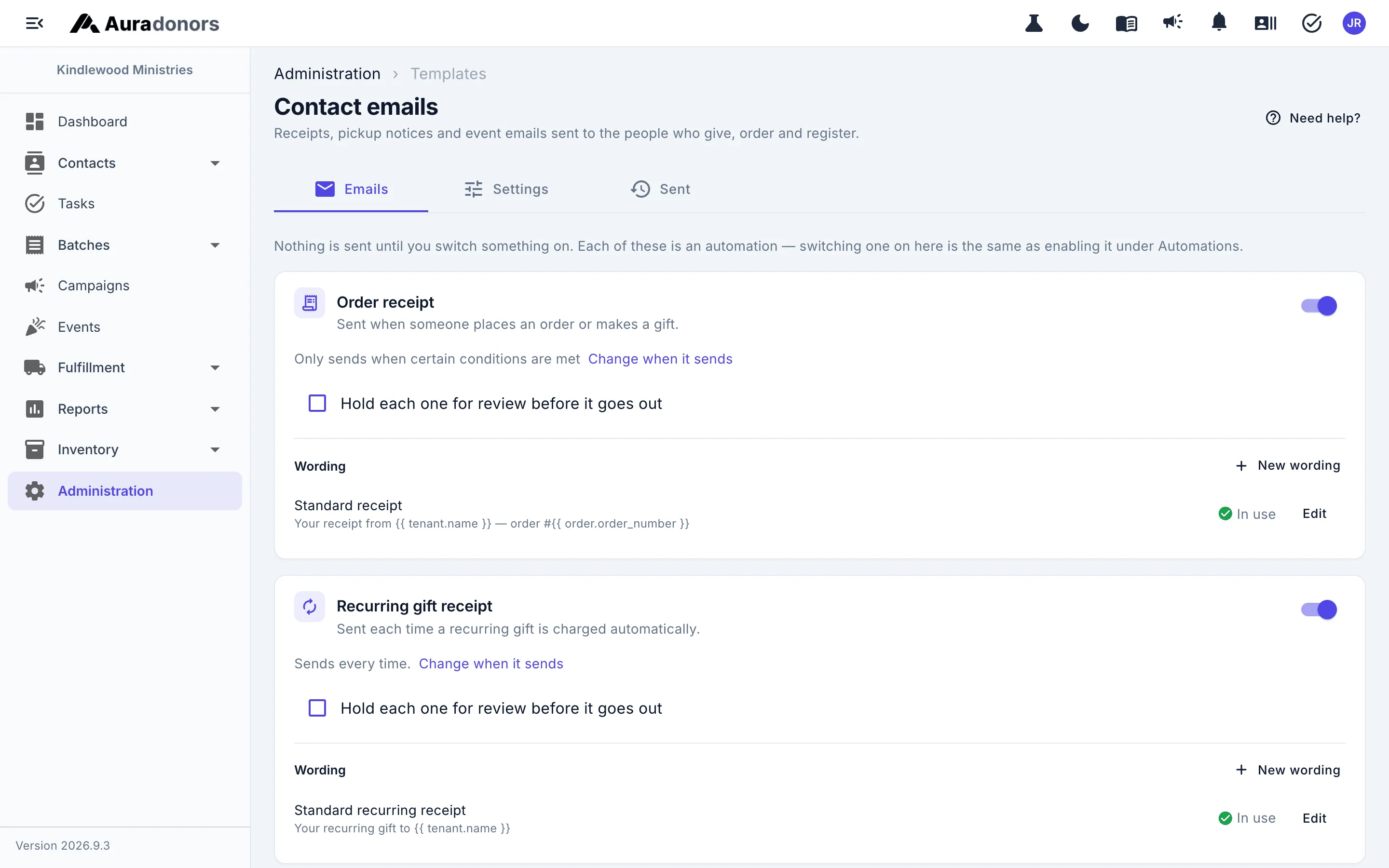 The contact emails settings: receipts and thank-yous, each with its wording, when it sends, and whether it waits for review