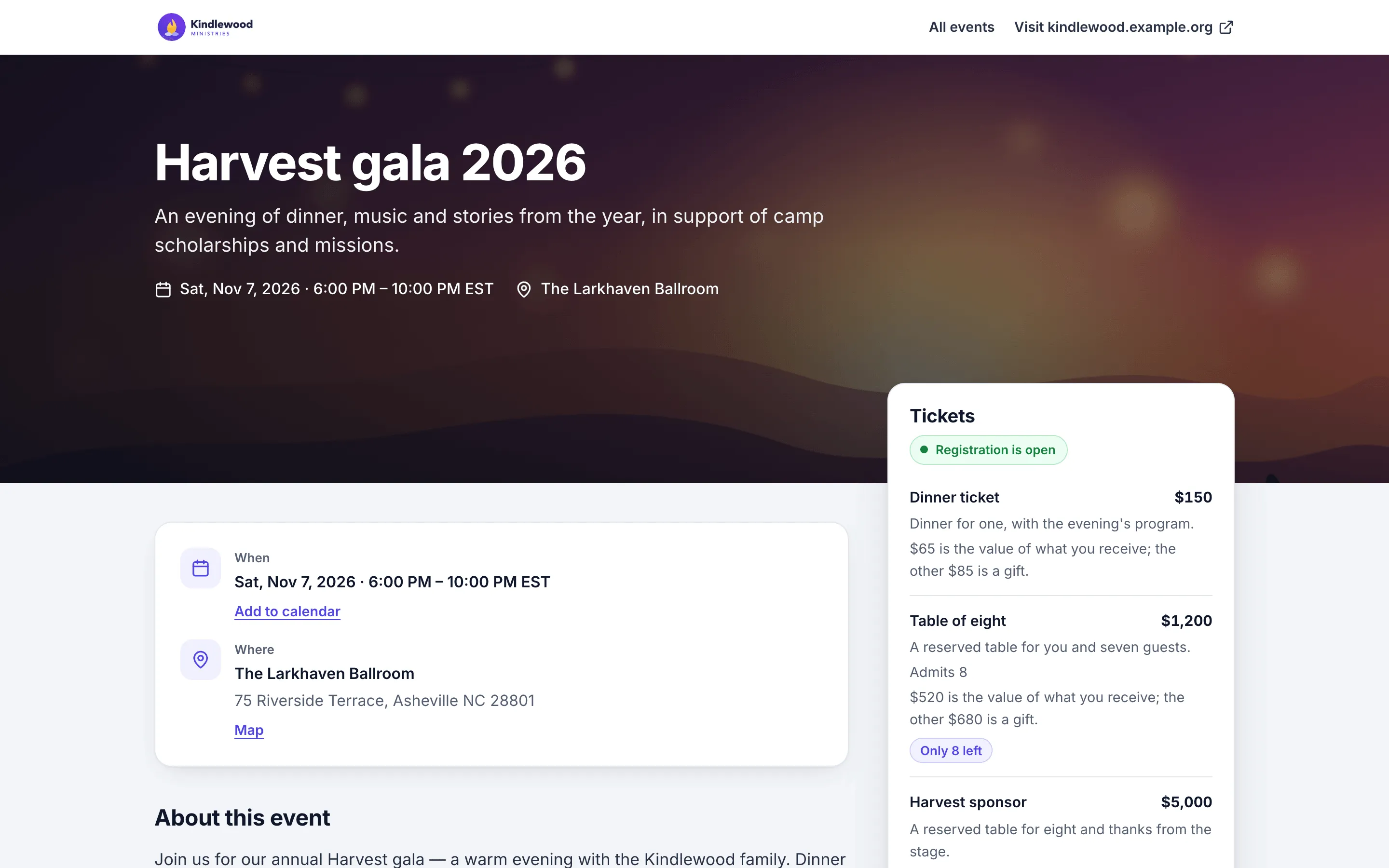 A branded public registration page for a gala