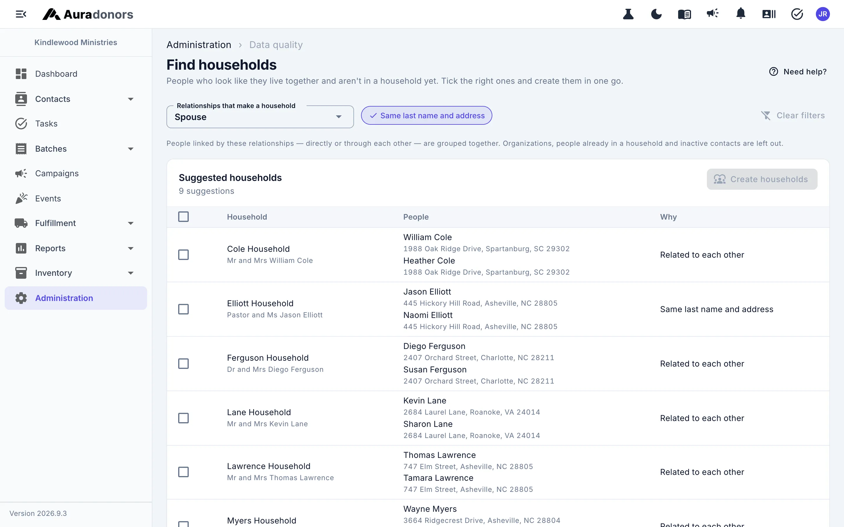 Suggested households found from spouse relationships and shared addresses, ready to create in bulk