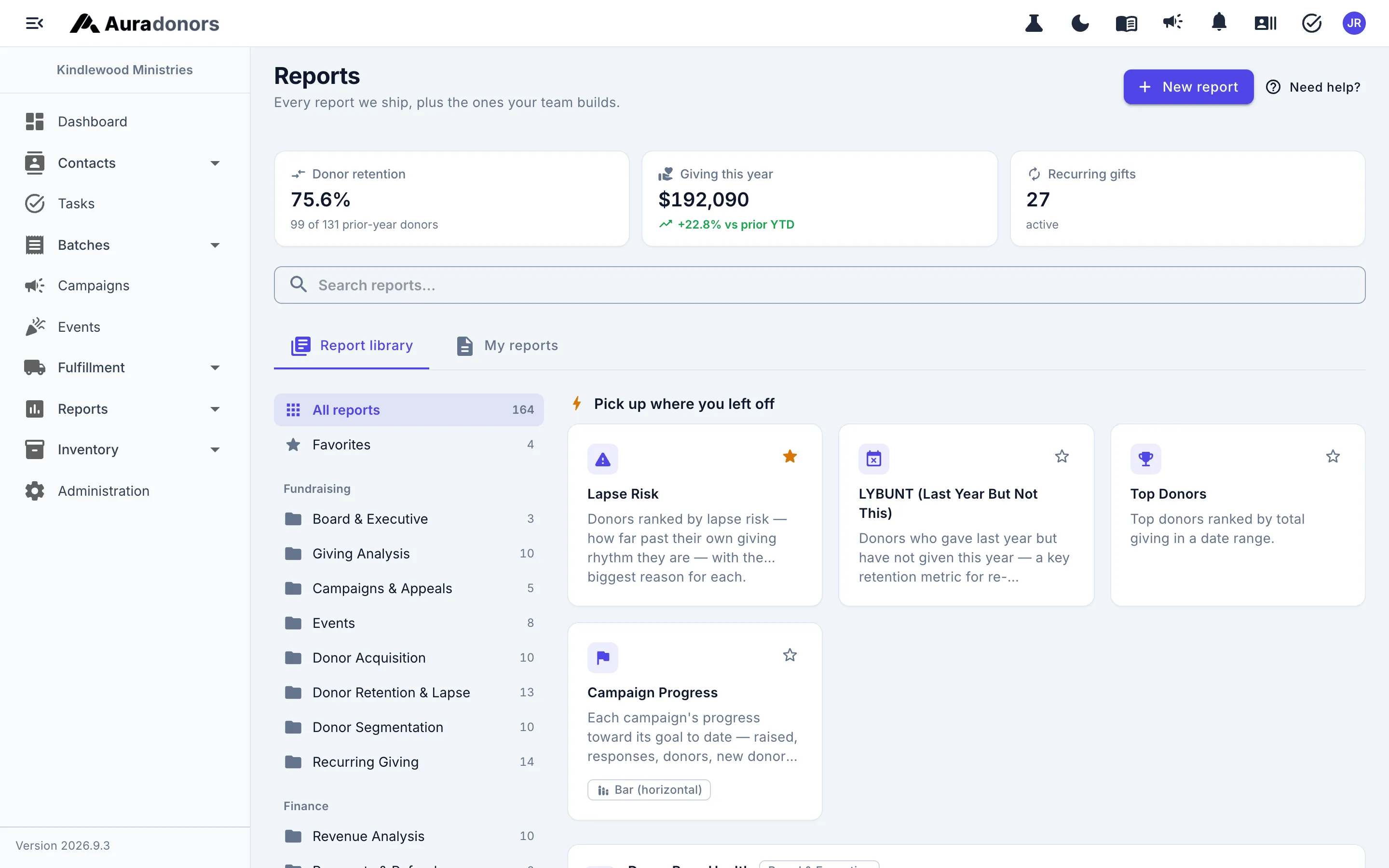 The reports library grouped by category with recent and favorite reports up front